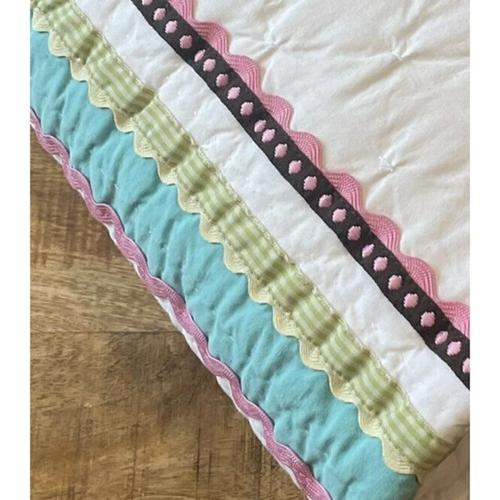 pottery barn kids girls crib comforter stripes pink green Brown reversible